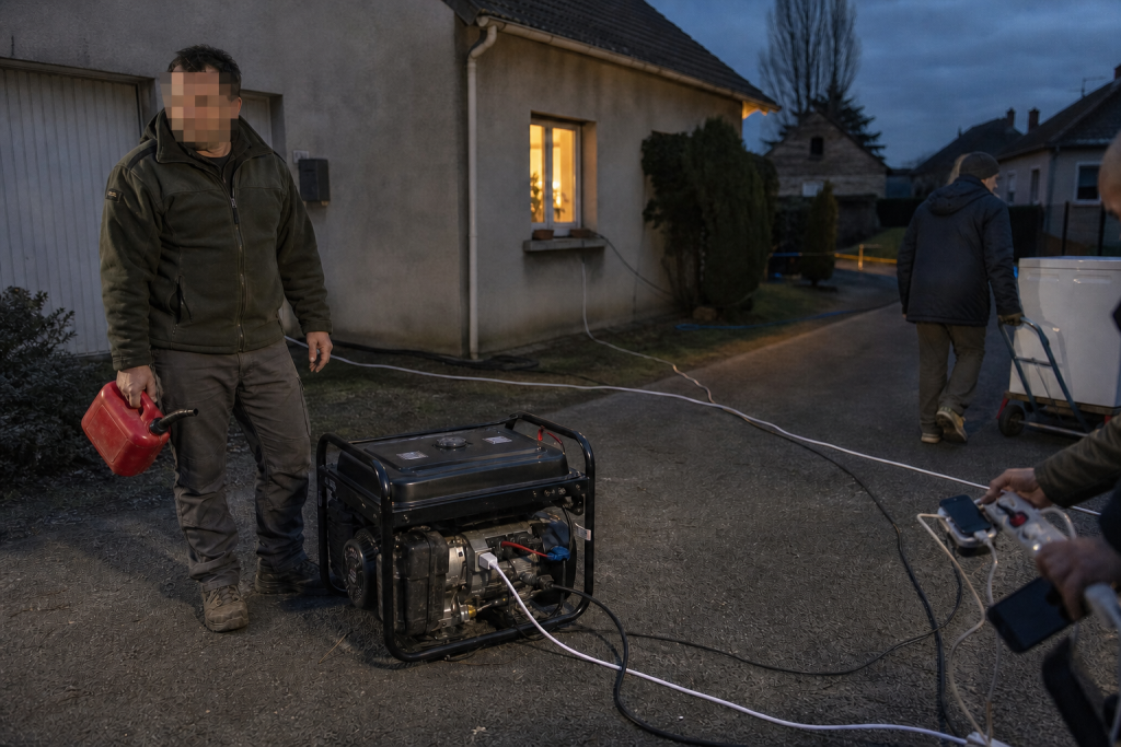 Lors d’une coupure de courant, des voisins viennent brancher leurs appareils sur le groupe électrogène d’un habitant.