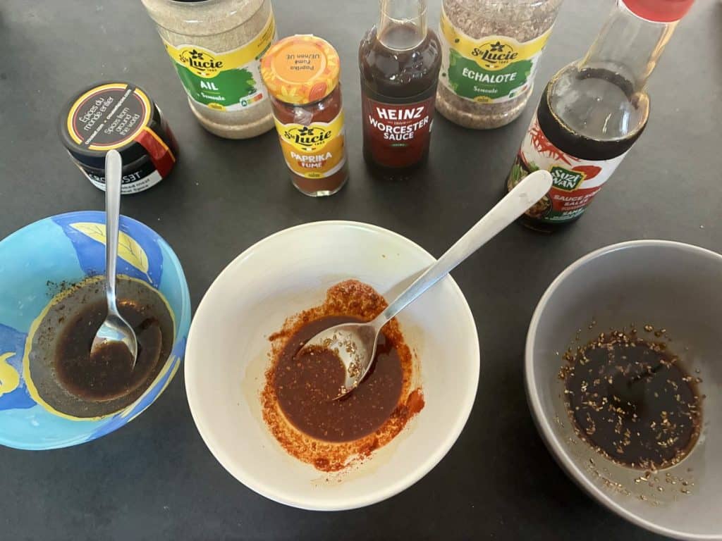 Préparation des trois marinades du jerky maison