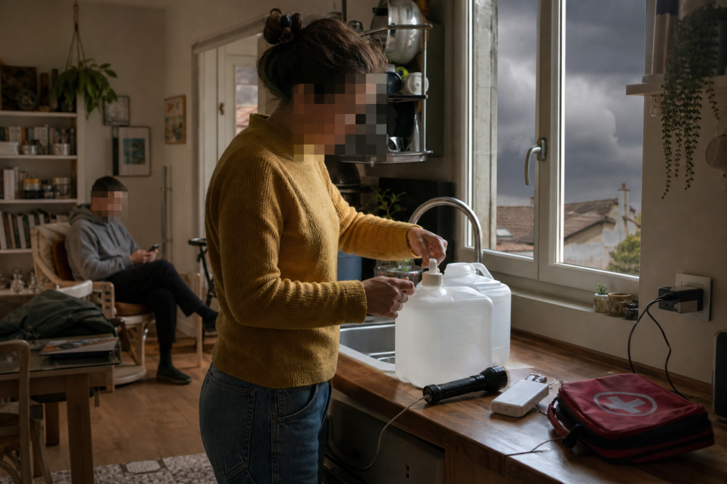 Dans une cuisine, une personne remplit des réserves d’eau et vérifie une lampe avant l’arrivée du mauvais temps.
