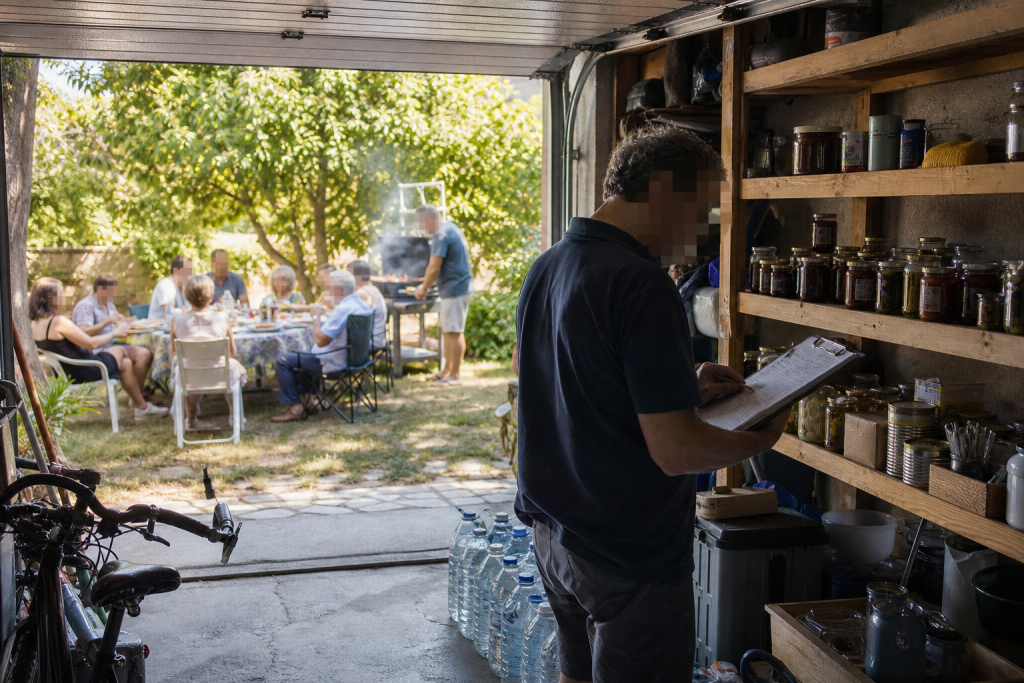 Dans un garage, une personne inventorie ses réserves pendant que ses proches profitent d’un repas d’été dans le jardin.